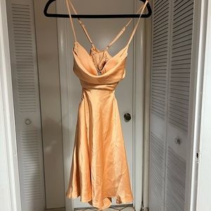 Silk orange open back boutique short dress with spaghetti straps n elastic waist